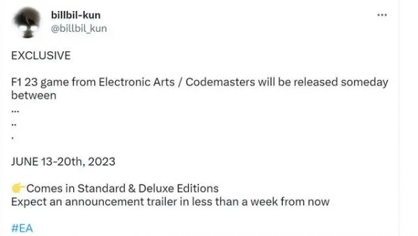 爆料：新作《F1 2023》或將於6月中旬發售 官方預告即將公布