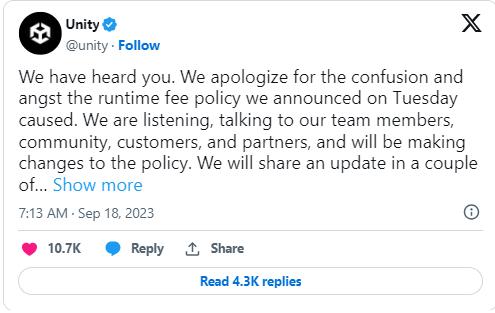 Unity 對 Runtime Fee 收費新制爭議致歉，承諾將進行調整
