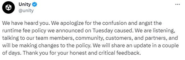 Unity官方發推致歉 “安裝費”政策修改之後公布
