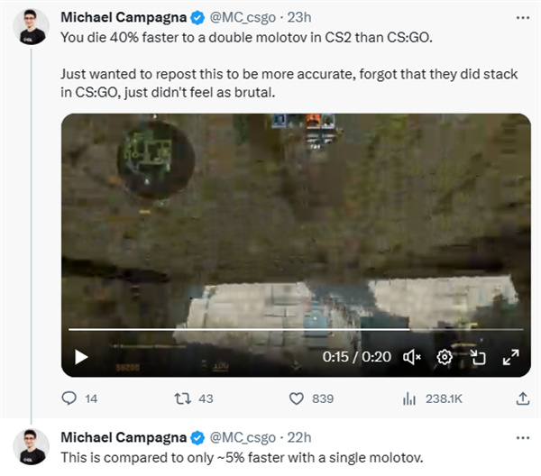 CS2|雙燃燒彈下人物陣亡速度比CSGO快40%