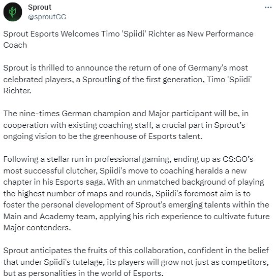 CS2|Spiidi加入Sprout擔任績效教練