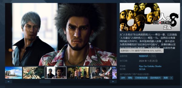《人中之龍8》Steam平台在線玩家峰值成系列曆史最高_18183新遊戲
