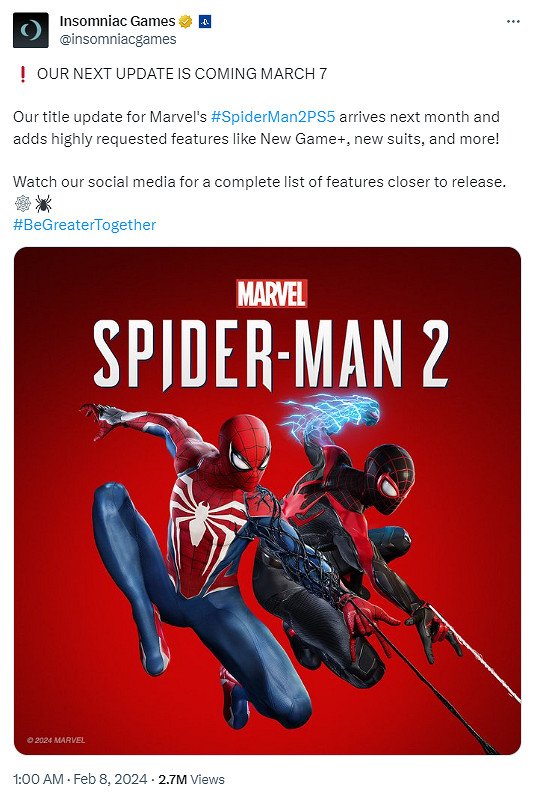 失眠組宣布：《漫威蜘蛛人2》新遊戲+模式確定3月7日更新