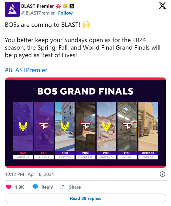 BLAST總決賽將開始採用BO5賽制