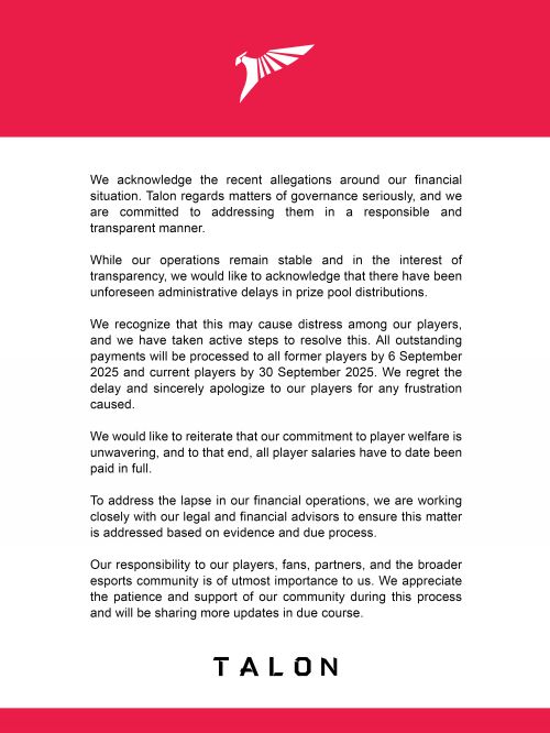 Talon戰隊發布公告：積極回應財務爭議，承諾以負責透明態度解決問題!